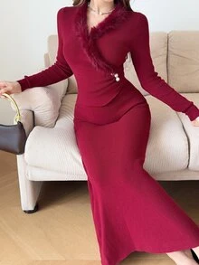 Feyla Women's Plush Patchwork Casual Party Knit Dress - Red - View 3