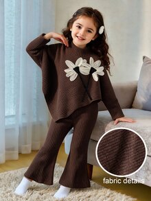 SHEIN Playful Pals 女嬰春夏秋冬休閒親子套裝 T-shirt 套組，不對稱套頭長袖高領磨毛摩卡棕羅紋布料 3D 花卉 - 棕色 - 查看 4