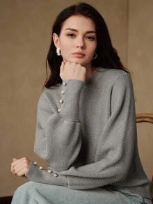 Anewsta Elegant Commuter Gray Vertical Ribbed Knit Sweater For Women, Round Neck Slim Fit Lantern Sleeve Pearl Button Wavy Hem Long Sleeve Pullover Top - Grey - View 4
