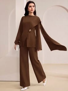 Veilorie 女款純色圓領長袖上衣，金屬腰部裝飾，優雅辦公晚餐風，秋季棕色調 - 咖啡棕 - 查看 3