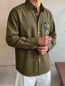 DAZY 春秋軍綠色長袖純色通勤男士襯衫 - 軍綠色 - 查看 5