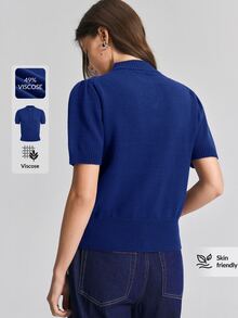 Ontre 2026秋季梅紫色半高領金屬拉鍊短袖針織上衣，女款極簡優雅都市現代百搭通勤教師穿搭，夏季度假穿著，長版婚禮賓客派對聚會優雅時尚設計茶會浪漫約會服飾，舒適面料，萬聖節裝扮，返校季，鄉村音樂會穿搭 - 藍色 - 查看 3