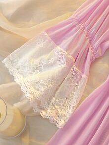 DelicateAllure Pink Long Short Sleeve Ruffle Sleeve Ruffle Trim Lace Patchwork Mesh Patchwork Tie-Up Pure Elegant Plus Size Nightgown - Pink - View 3