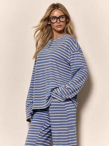 MUSERA Stripe Drop Shoulder Oversized Long Sleeve Button Neck - Blue and White - View 5