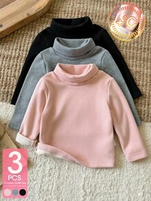 SHEIN 3件組幼兒女嬰高領上衣 可愛粉色灰色黑色純色抓絨內裡長袖假領加厚冬季舒適秋季套頭上衣 - 粉色 - 查看 3