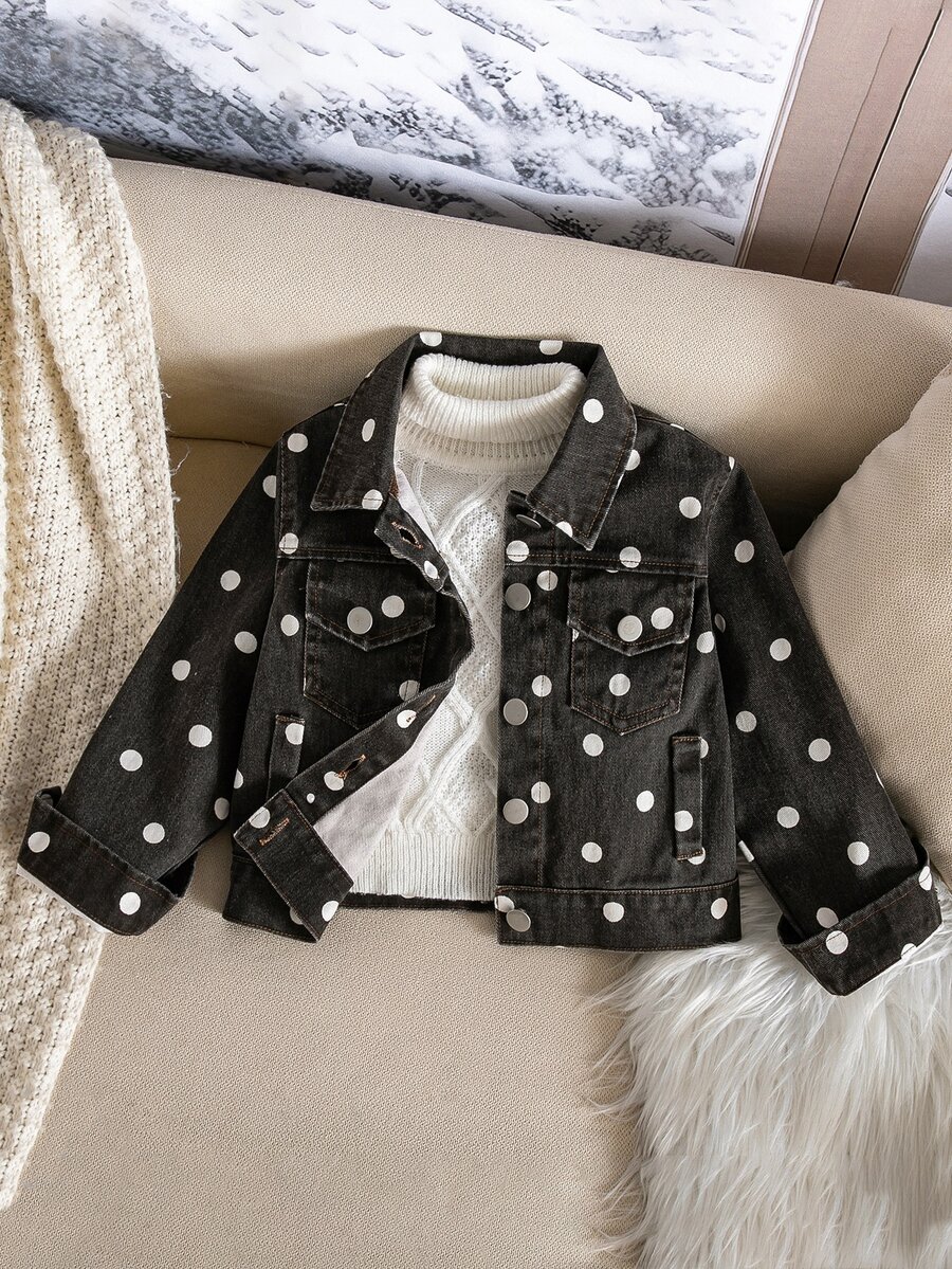 SHEIN 女童牛仔波點牛仔夾克外套，翻領水洗牛仔長袖夾克，秋季牛仔女孩牛仔風 - 棕色 - 查看 1