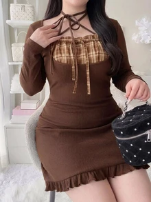 Dazy Plus Gaun Pendek Seksi Slimming Musim Semi/Musim Gugur dengan Kerah Berkerut dan Motif Kotak-kotak Patchwork dan Tali Leher Halter - Coklat - View 4