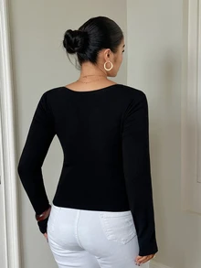Dazy Plus Sexy Fitted Off-Shoulder Long Sleeve Black T-Shirt - Black - View 2