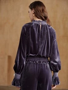 Anewsta Women's New Autumn/Winter Elegant Velvet Fabric Shirred Ruffle Lantern Long Sleeve Romantic Blouse - Purple - View 2
