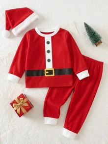 2pcs Baby Boy Baby Girl Baby Boy Color Block Santa Claus Pattern Knitted Soft Crew Neck Long Sleeve Pullover Top Elastic Waist Long Pants Suitable For Christmas - Multicolor - View 7