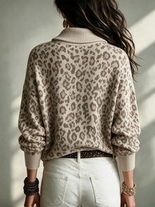SHEIN Women Quarter Zip Collared Leopard Print Knit Sweater, Long Sleeve Drop Shoulder Loose Fit Knit Pull - Multicolor - View 3