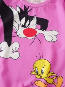 LOONEY TUNES X SHEIN بلوزة رياضية كاجوال يومية بأكمام طويلة بنقشة كرتونية للفتيات الصغيرات - وردي - مشاهدة 4