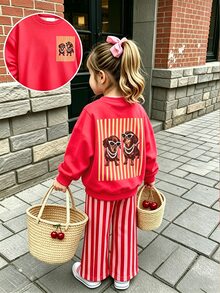 SHEIN Playful Pals 女嬰 2 件套秋季套裝 卡通狗狗印花圓領衛衣與條紋長褲 可愛休閒嬰兒裝 - 彩色 - 查看 4