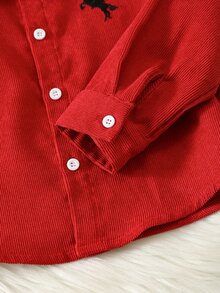 SHEIN 嬰兒男孩嬰兒女孩秋冬款加厚休閒翻領長袖馬刺繡燈芯絨襯衫，適合聖誕節與新年 - 紅色 - 查看 6