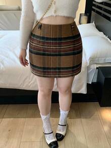 Dazy Plus Korean Style Plaid Short Thickened Autumn/Winter New Wool Skirt - Brown - View 1