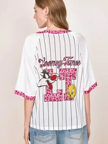 LOONEY TUNES X SHEIN Women's Striped Leopard Print Letter Graphic Raglan Short Sleeve T-Shirt - White - View 2
