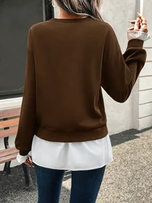 LanaWest Women's Casual Contrast Color Patchwork Design Pullover Sweatshirt Graduation,Back To School,Graduation,Teacher For Women,Back To School Fall - Brown - View 2