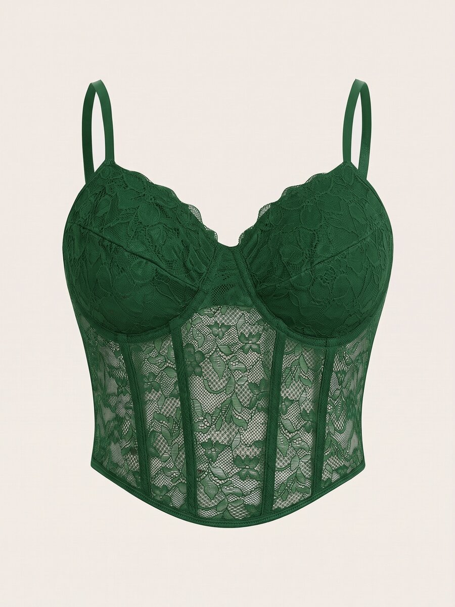 SHEIN ICON Plus Lace Black Corset Cami Top, Summer - Dark Green - View 1