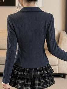 DAZY 秋季女款修身拼接繫帶 Polo 衫，優雅哥德風長袖 T-shirt 上衣，適合婚禮、夜晚外出與派對，可愛上衣 - 藍色 - 查看 3