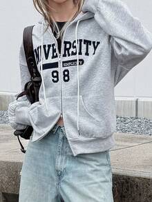 FRIFUL 女款刺繡時尚拉鍊連帽衛衣 - 灰色 - 查看 6