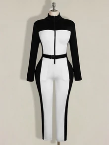 SHEIN ICON Plus Size Retro Y2K Black & White Colorblock Slimming Fitted Thermal Lined Ski Jumpsuit - Black and White - View 3