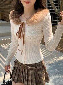 DAZY 女款毛領拼接前綁帶單排扣優雅針織開襟衫 冬季 - 白色 - 查看 5