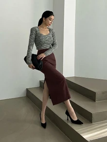 DAZY 女款純色優雅職場直筒開衩鉛筆裙，秋季裙 - 酒紅色 - 查看 4