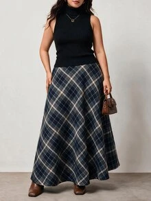 Enliva Plus Size Fall Plaid A Line Maxi Skirt With Elastic Waist For Pear Body - Navy Blue - View 4