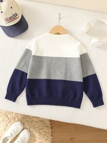SHEIN Atasan Sweater Rajut Lengan Panjang Leher Bulat dengan Motif Patchwork Tebal dan Warna Kontras untuk Anak Laki-Laki, Nyaman, Serbaguna, Modis, Gaya Minimalis Klasik yang Imut untuk Sehari-hari, Cocok untuk Dipakai di Dalam Ruangan pada Musim Gugur/Dingin - MultiWarna - View 2