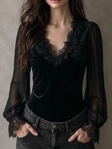 Freevana Velvet Wrap Deep V Lace Blouse With Ruffled Lace Cuffs And Sheer Sleeves, Romantic Evening Top - Black - View 1