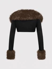 ROMWE Grunge Punk Y2K Shibuya Style Patchwork Leopard Print Fur Collar Women's Cropped Open Front Top - Multicolor - View 2