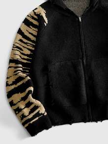 ROMWE MEN Men Graffiti Letter Graphic Distressed Zip Up Hooded Knit Cardigan, Contrast Grunge Streetwear Sweater - Black - View 4