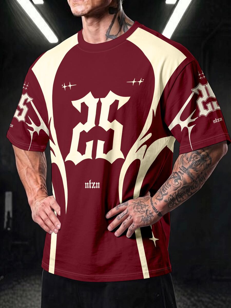 GymBeat Men's Burgundy Cream Color Block Short Sleeve T-Shirt, Gothic Letter Star Print Sports Jersey Style Loose Crew Neck Top - Multicolor - View 1