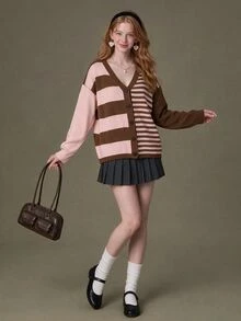 Elnivra Women's Drop Shoulder Long Sleeve Casual Asymmetric Color Block Striped Cardigan - Dusty Pink - View 4