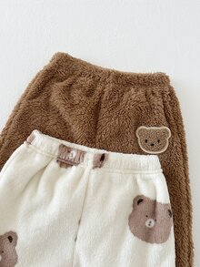 SHEIN Playful Pals 4件組 幼兒男童運動衫+長褲 可愛甜美棕色米色泰迪絨 熊刺繡印花 長袖圓領 加厚 冬季保暖 假日派對穿搭 - 棕色 - 查看 5