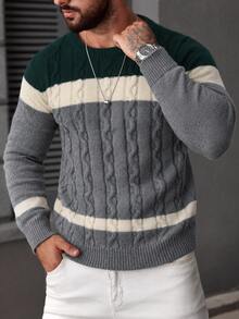 Marcello Vane Men's Colorblock Round Neck Long Sleeve Casual Cable Knit Sweater - Multicolor - View 4