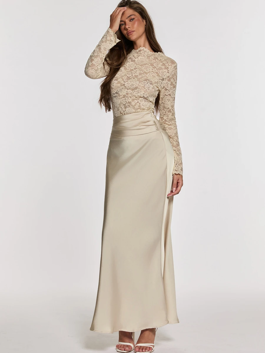 Opulessa 2pcs Solid Color Knitted Lace Fitted Top & Skirt Set - Brown - View 1