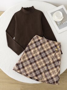SHEIN Sparklyn 2件組女童長袖T恤與格紋裙套裝，適合外出、街頭風、返校、校園穿搭，秋季款 - 彩色 - 查看 4