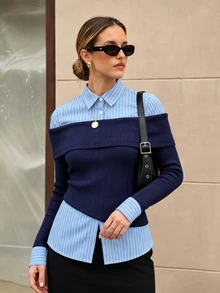 Selenza Women's Fashionable New Spring/Autumn Romantic Elegant Black Off-Shoulder Striped Patchwork Shirt, 2 In 1 Design, Suitable For Daily Commute, Date, Outing, Vacation And Various Occasions, Fashionable Item - Blue - View 5