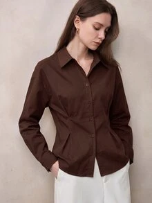 Zovinel 女款素色休閒百搭日常長袖襯衫 - 紫紅色 - 查看 8