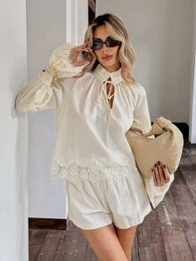 Serisse Women's Solid Color Ruffle Collar Tie Neck Contrast Lace Bell Sleeve Blouse And Shorts Elegant 2 Pieces Set - Multicolor - View 3