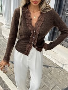 Serisse Women's V-Neck Contrast Lace Brown Cardigan - Brown - View 3
