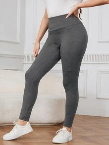 SHEIN LUNE 大尺碼女款休閒極簡純色高腰內搭褲 - 深灰色 - 查看 5