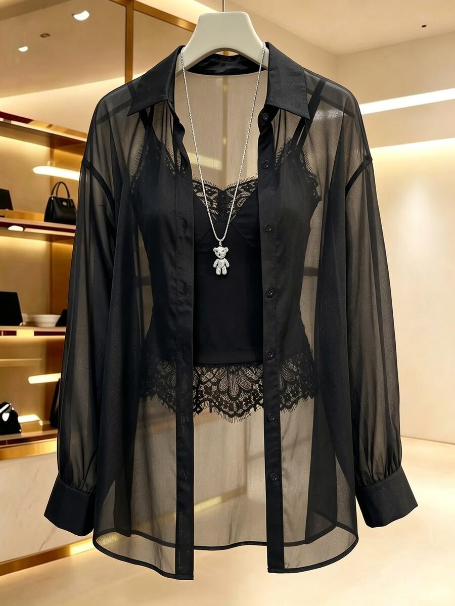 Franclia Sexy Style Long Sleeve Shirt Sexy Inner Camisole Lace Tank Top Set - Black - View 1