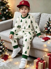 小男孩休閒簡約修身圓領長袖長褲居家服緊身睡衣，適合秋冬，經典聖誕老人圖案、聖誕馴鹿、聖誕禮物、聖誕糖果、聖誕帽、聖誕薑餅人、聖誕樹、聖誕小屋、聖誕襪印花，適合聖誕節 - 彩色 - 查看 3