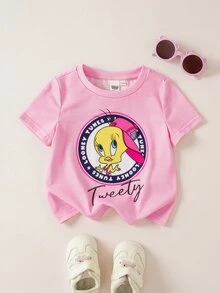 LOONEY TUNES X SHEIN Baby Girl Cartoon Pattern Print Round Neck Short Sleeve Top - Pink - View 1