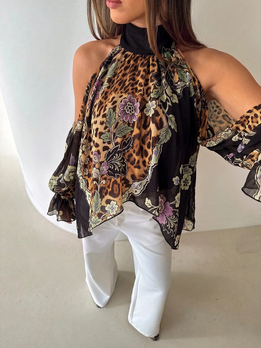 Aloruh Boho Stand Collar Tie Long Sleeve Flared Asymmetrical Hem Chiffon Printed Women's Blouse - Multicolor - View 1