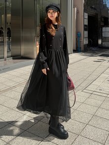 FRIFUL Gaun Pesta Kasual Wanita dengan Hiasan Mutiara Imitasi dan Motif Jala - Hitam - View 7