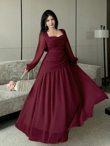 Modelyn 垂領泡泡長袖收腰不對稱百褶雪紡喇叭裙 - 紅色 - 查看 7