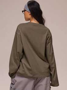 MUSERA 白色圖案Logo細節長袖上衣 冬季休閒日常舒適穿搭酷感女款上衣 - 棕色 - 查看 4
